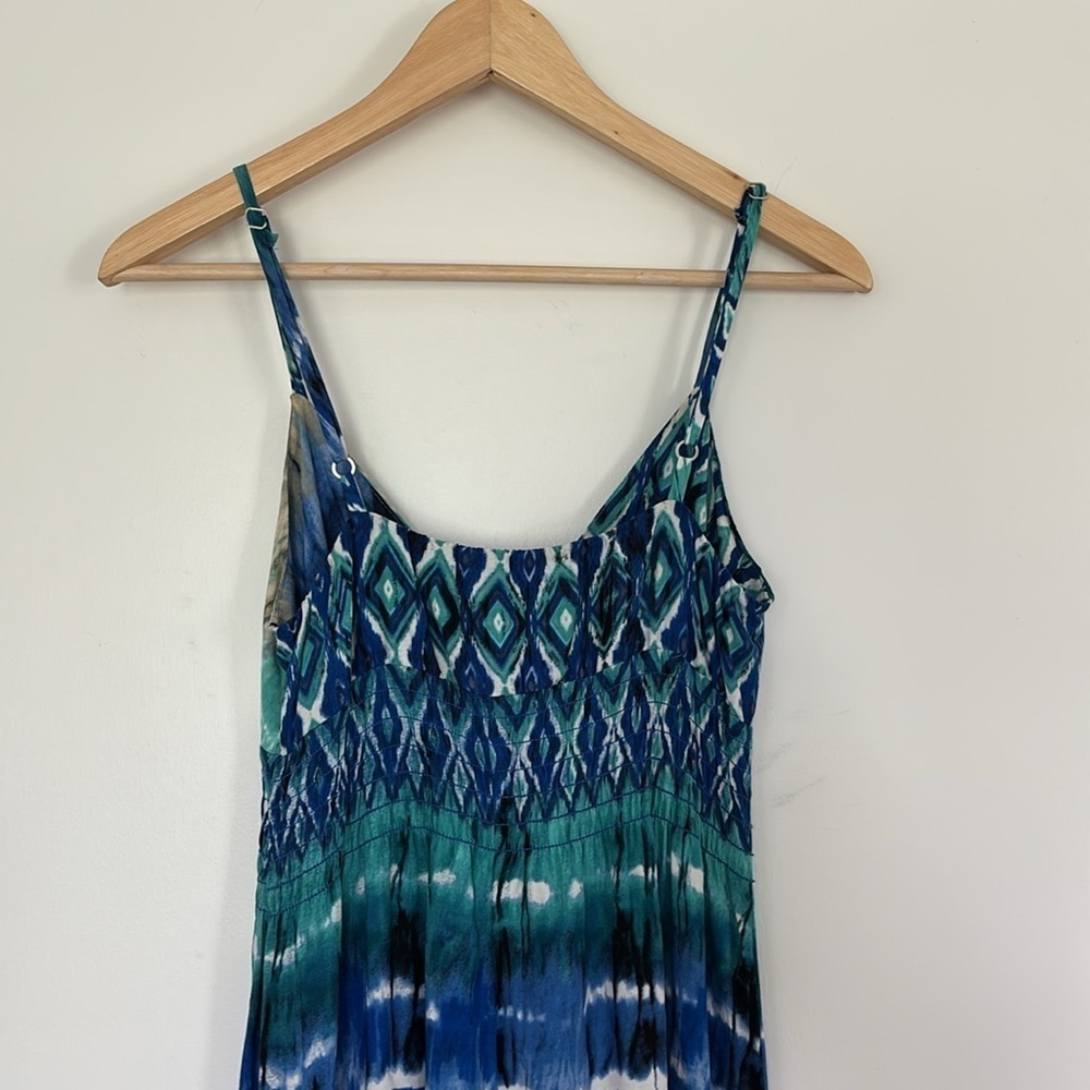 Aqua Tie Dye Colorful Tropical Spaghetti strap flowy vacation maxi dress smocked - Picture 6 of 8